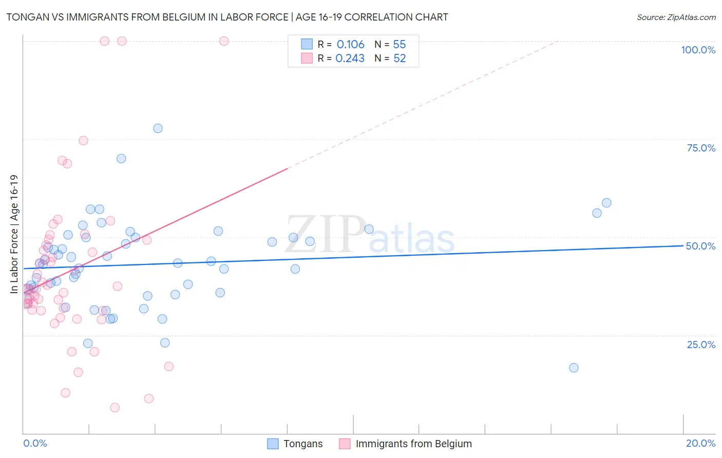 Tongan vs Immigrants from Belgium In Labor Force | Age 16-19