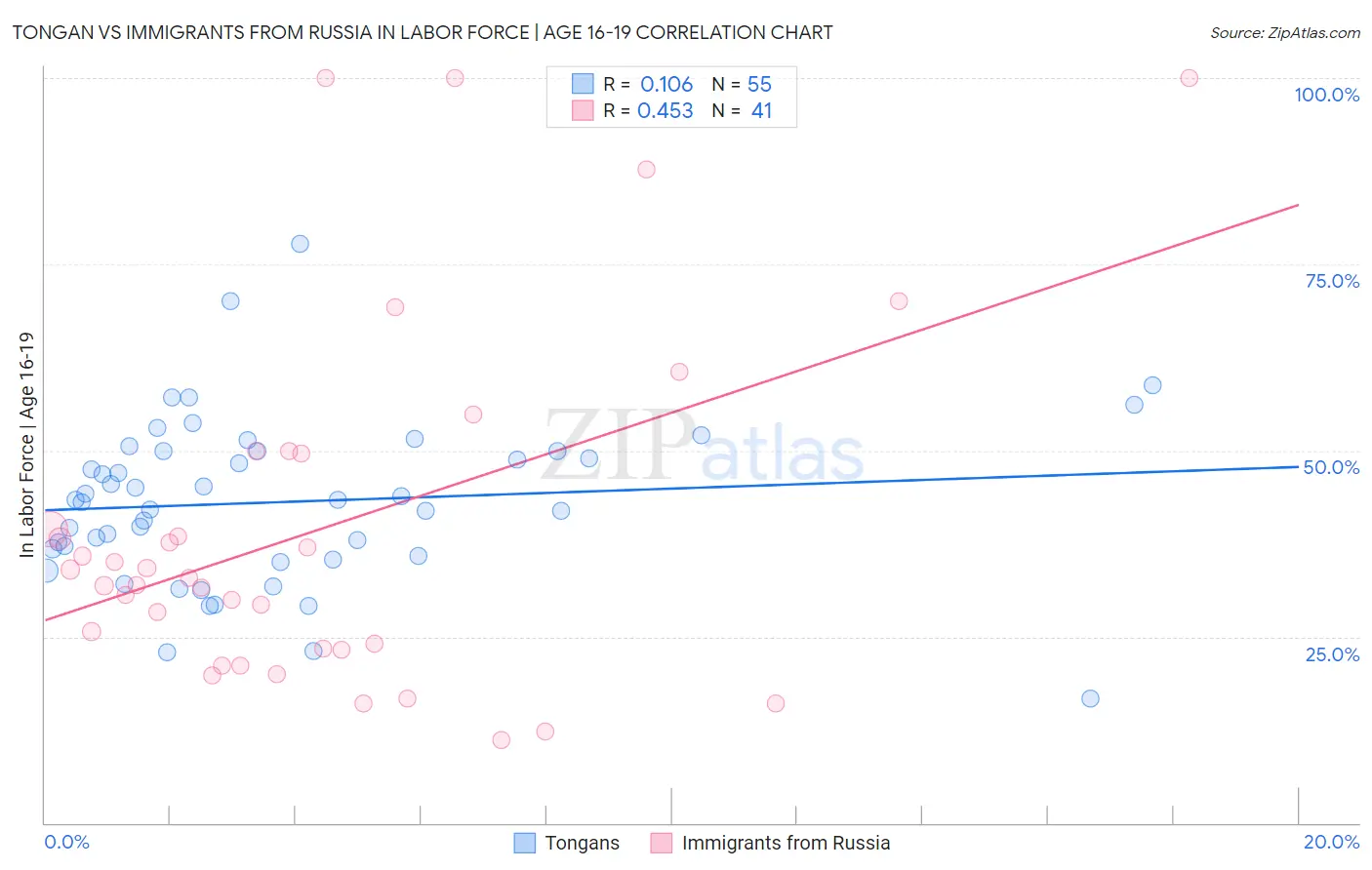 Tongan vs Immigrants from Russia In Labor Force | Age 16-19