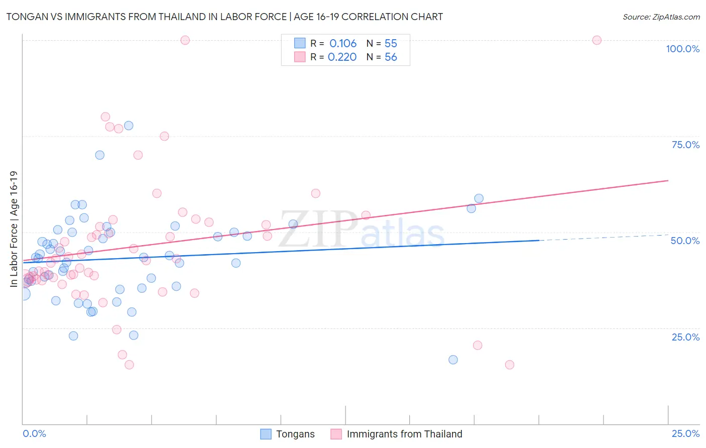 Tongan vs Immigrants from Thailand In Labor Force | Age 16-19