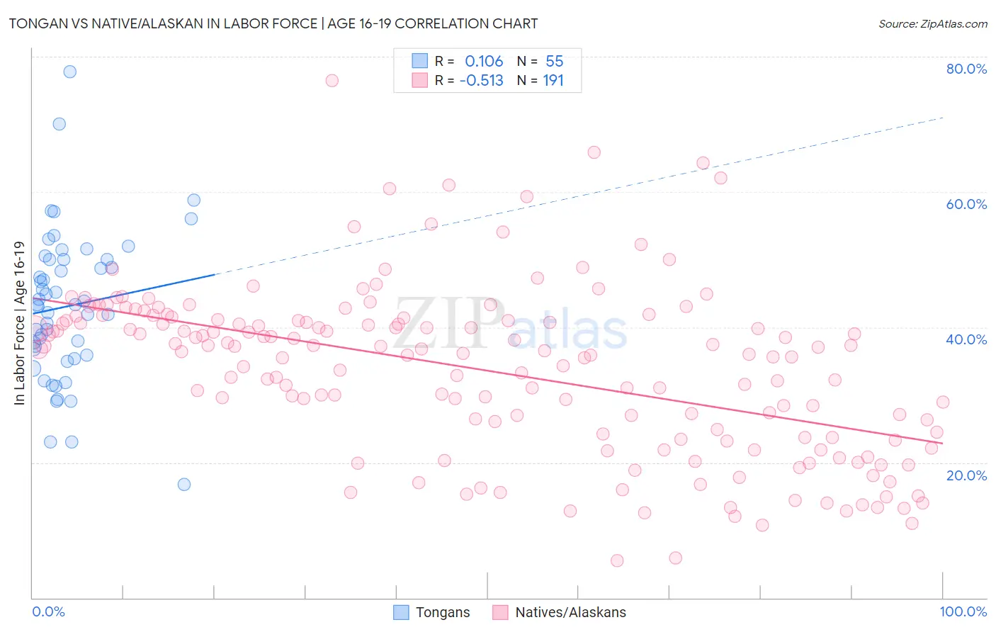 Tongan vs Native/Alaskan In Labor Force | Age 16-19