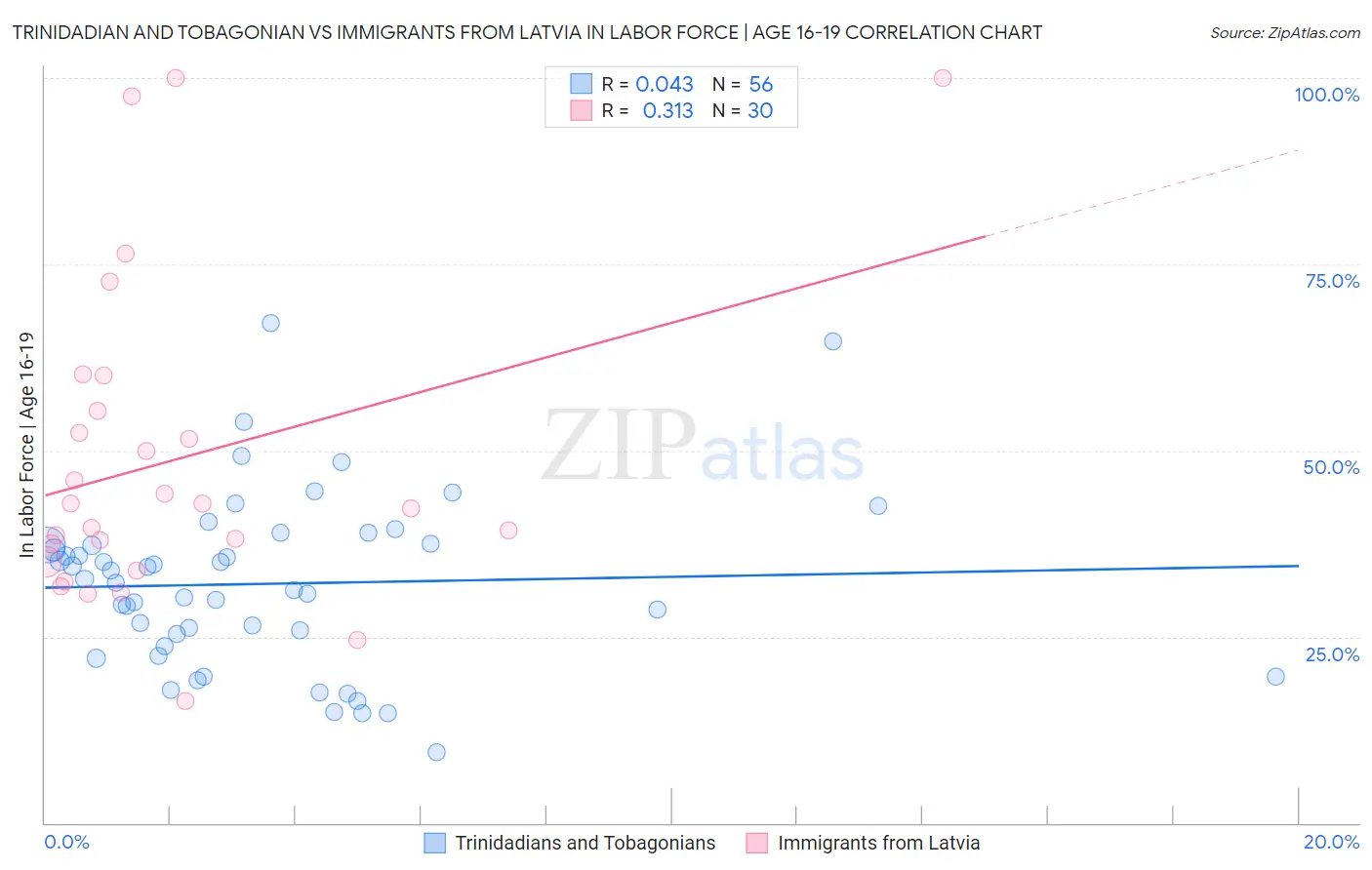Trinidadian and Tobagonian vs Immigrants from Latvia In Labor Force | Age 16-19