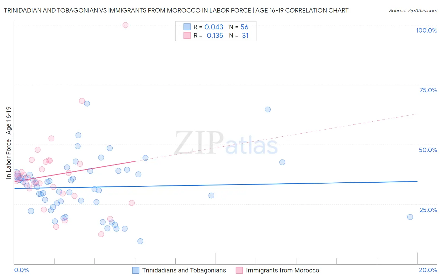 Trinidadian and Tobagonian vs Immigrants from Morocco In Labor Force | Age 16-19