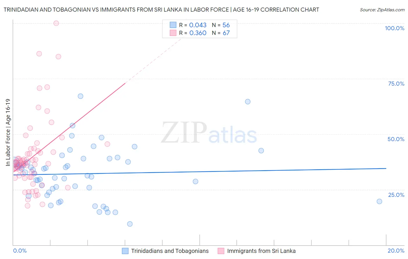 Trinidadian and Tobagonian vs Immigrants from Sri Lanka In Labor Force | Age 16-19
