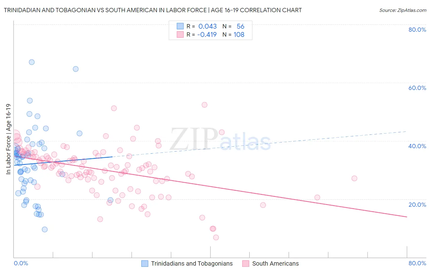 Trinidadian and Tobagonian vs South American In Labor Force | Age 16-19