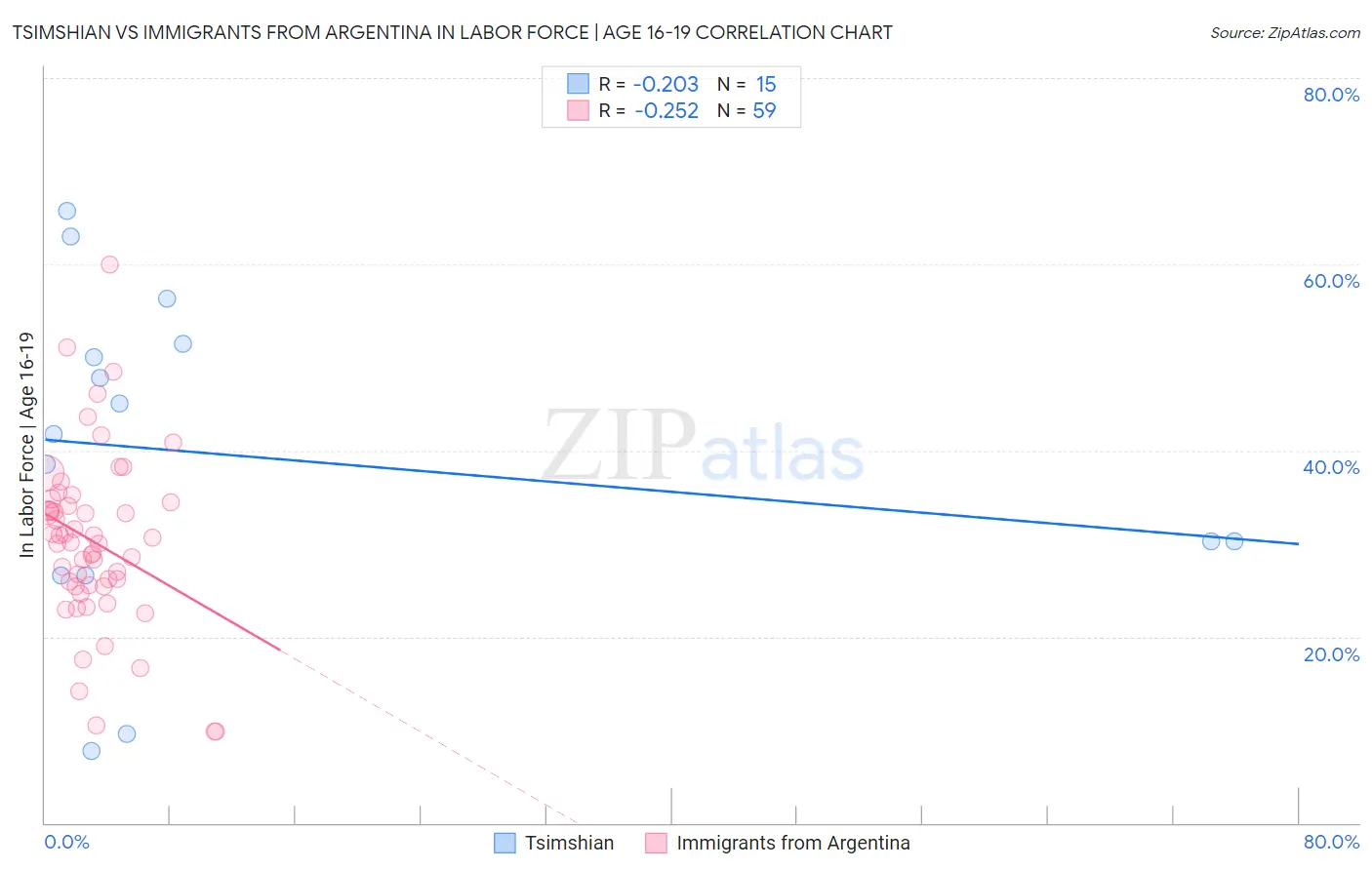 Tsimshian vs Immigrants from Argentina In Labor Force | Age 16-19