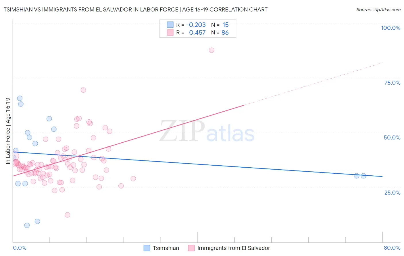 Tsimshian vs Immigrants from El Salvador In Labor Force | Age 16-19