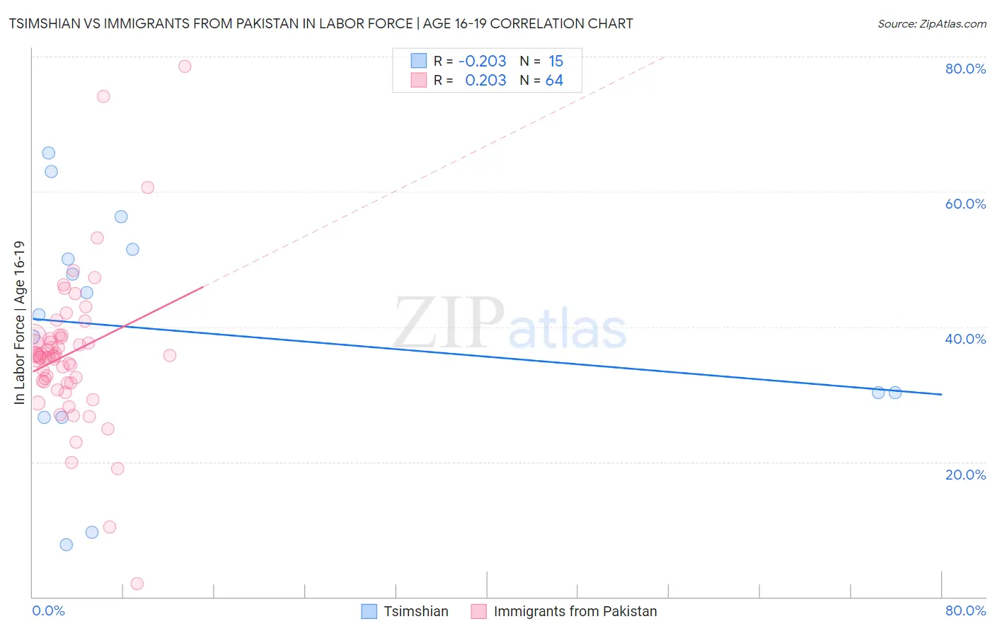 Tsimshian vs Immigrants from Pakistan In Labor Force | Age 16-19