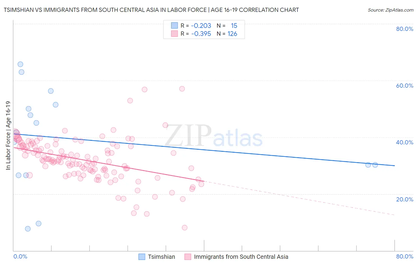 Tsimshian vs Immigrants from South Central Asia In Labor Force | Age 16-19