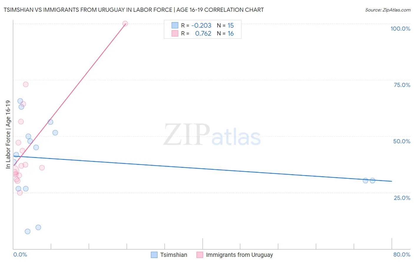 Tsimshian vs Immigrants from Uruguay In Labor Force | Age 16-19