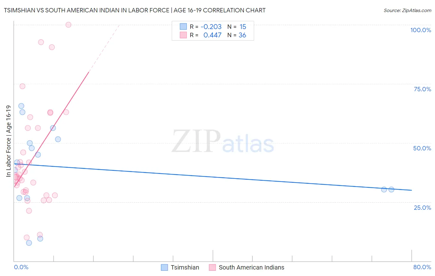 Tsimshian vs South American Indian In Labor Force | Age 16-19