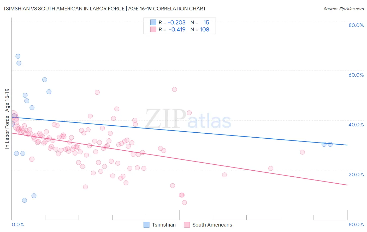 Tsimshian vs South American In Labor Force | Age 16-19