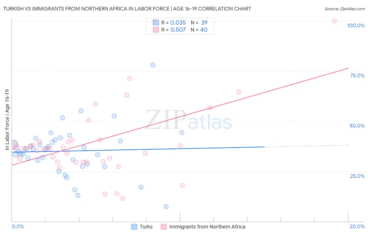 Turkish vs Immigrants from Northern Africa In Labor Force | Age 16-19