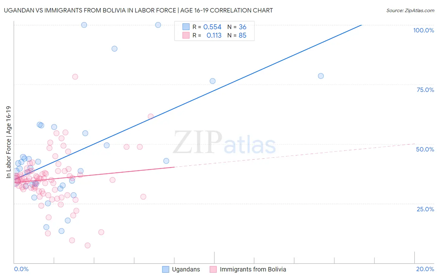 Ugandan vs Immigrants from Bolivia In Labor Force | Age 16-19
