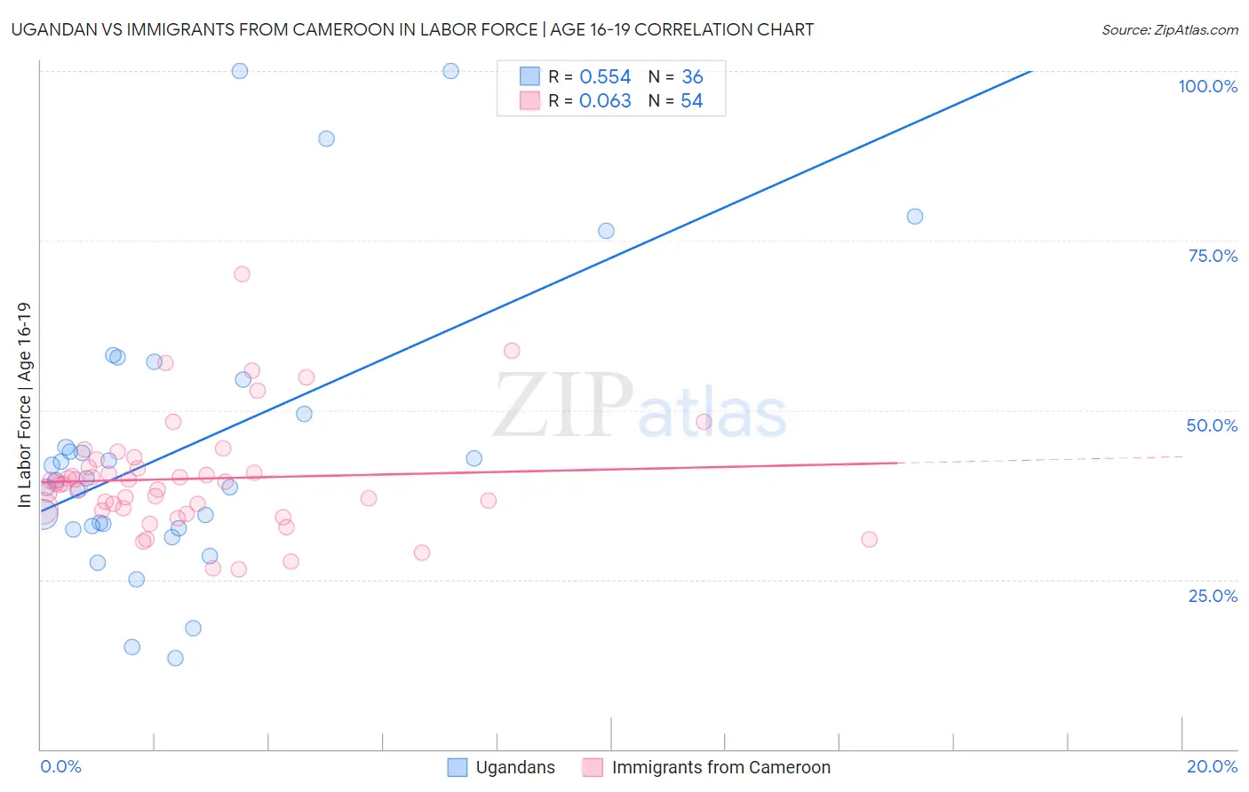 Ugandan vs Immigrants from Cameroon In Labor Force | Age 16-19
