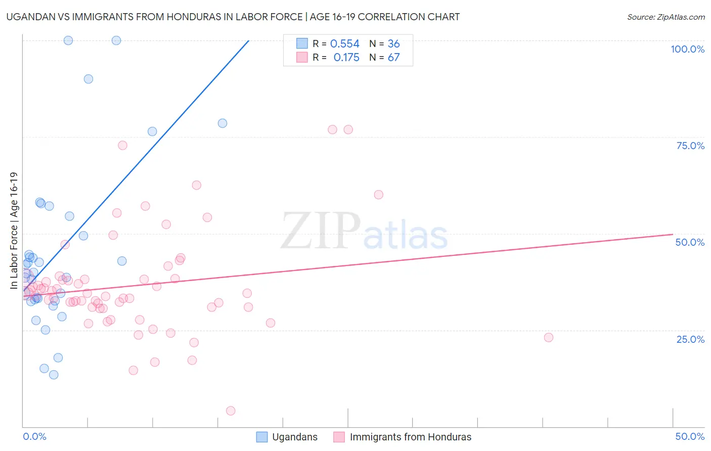 Ugandan vs Immigrants from Honduras In Labor Force | Age 16-19