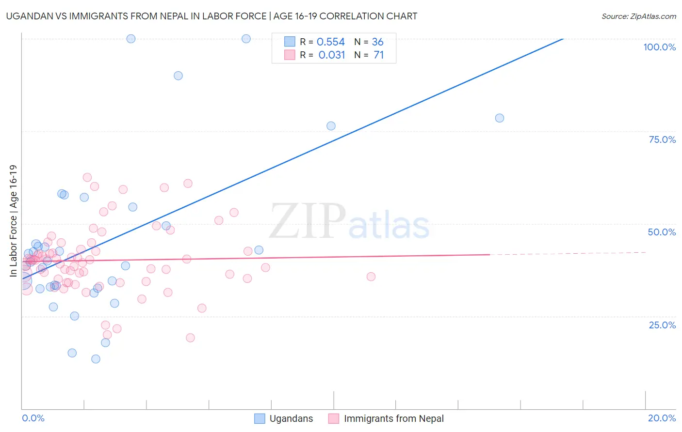 Ugandan vs Immigrants from Nepal In Labor Force | Age 16-19