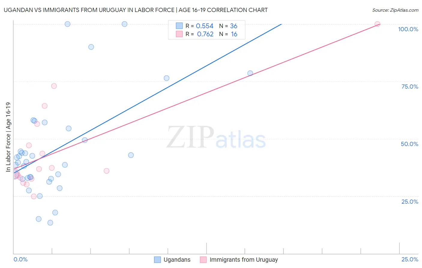 Ugandan vs Immigrants from Uruguay In Labor Force | Age 16-19