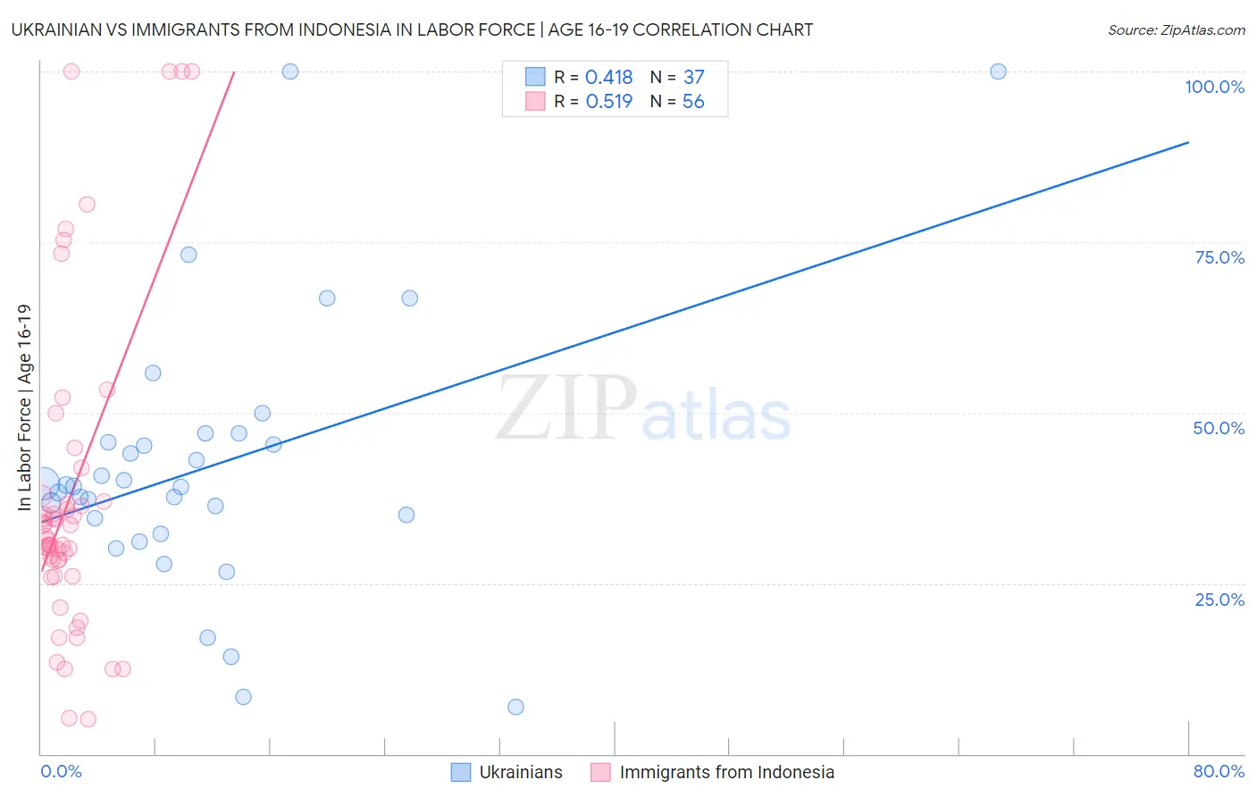Ukrainian vs Immigrants from Indonesia In Labor Force | Age 16-19