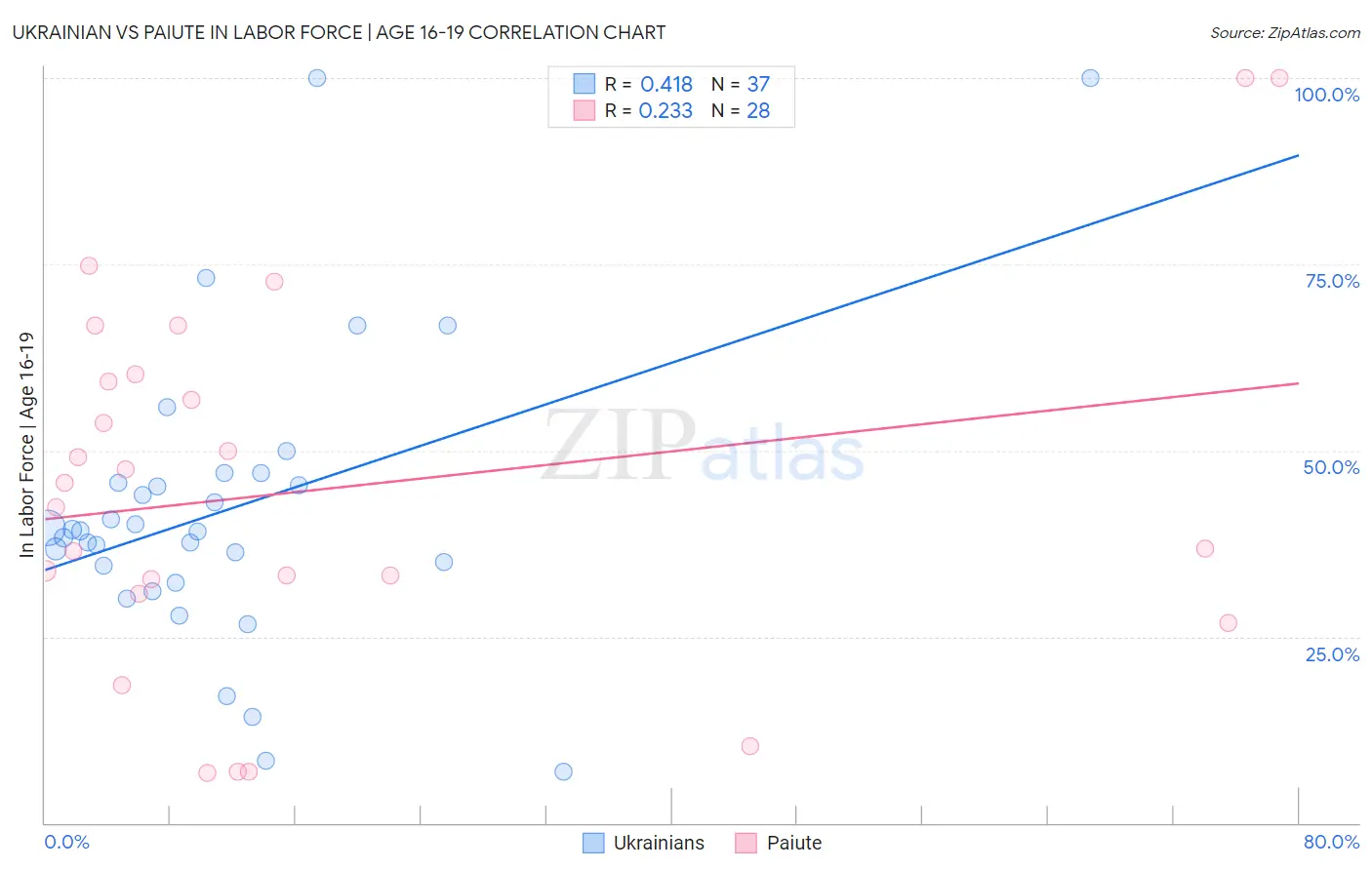 Ukrainian vs Paiute In Labor Force | Age 16-19