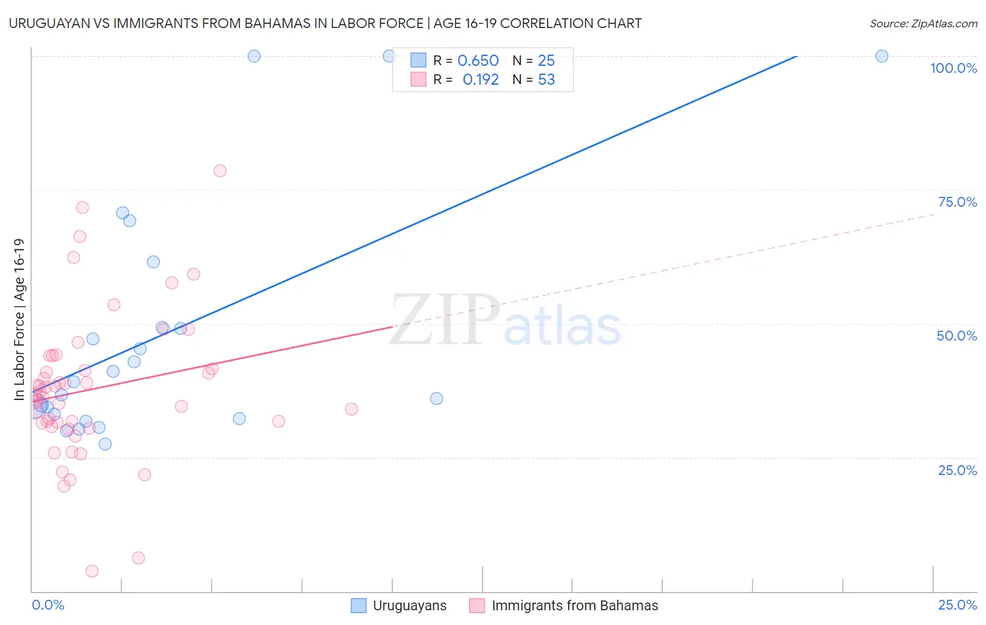 Uruguayan vs Immigrants from Bahamas In Labor Force | Age 16-19