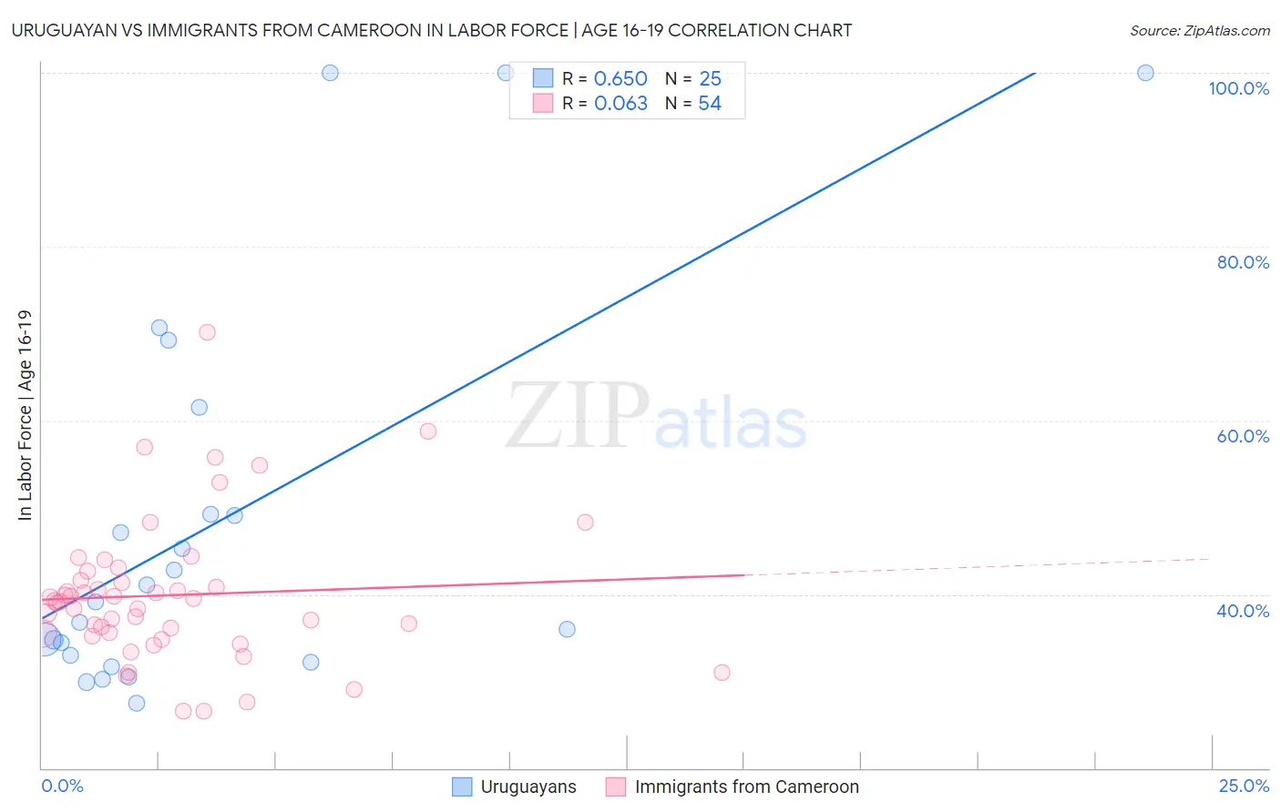 Uruguayan vs Immigrants from Cameroon In Labor Force | Age 16-19