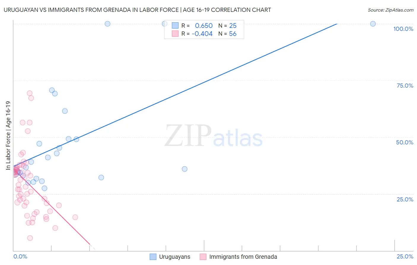 Uruguayan vs Immigrants from Grenada In Labor Force | Age 16-19