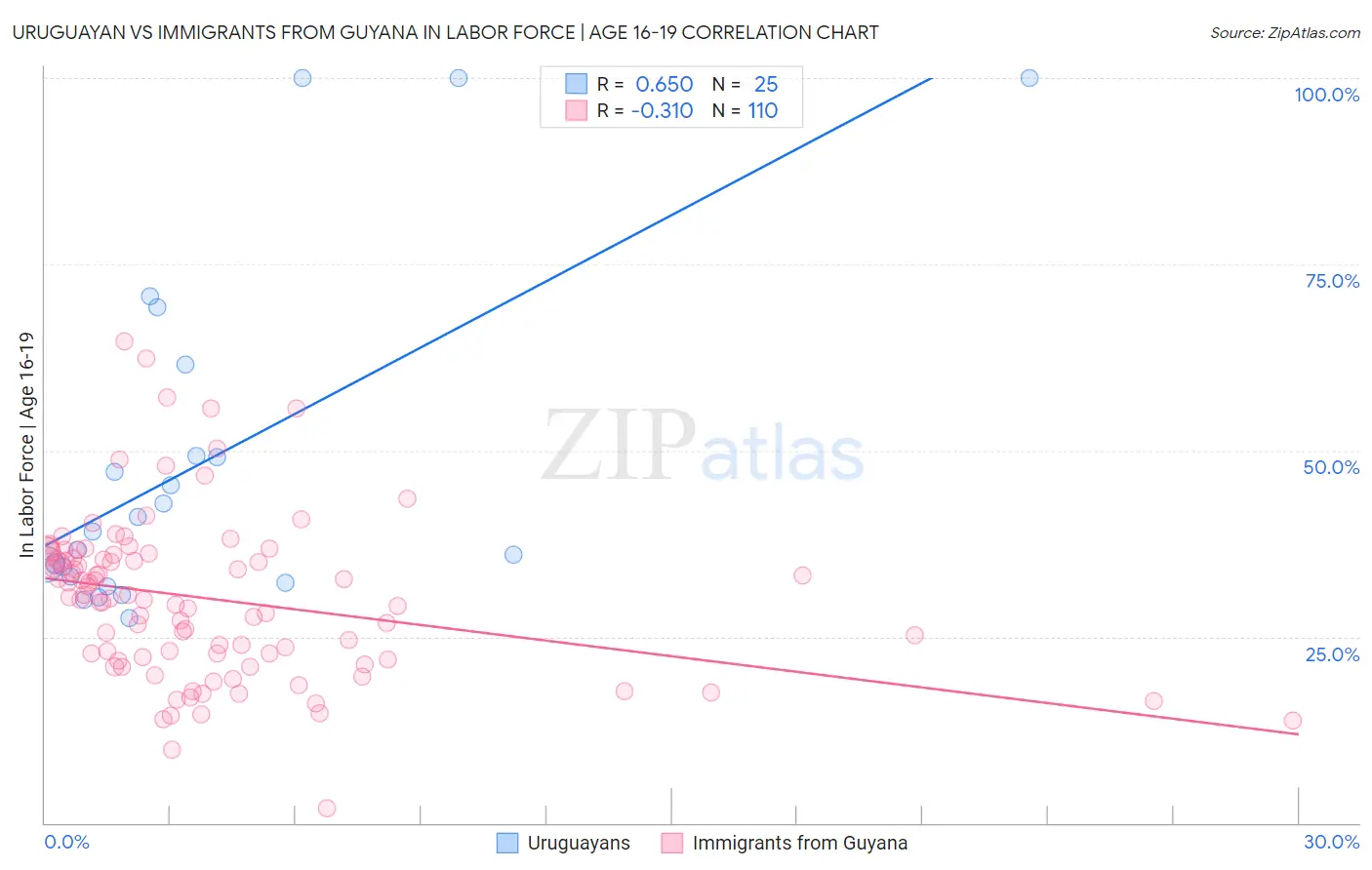 Uruguayan vs Immigrants from Guyana In Labor Force | Age 16-19