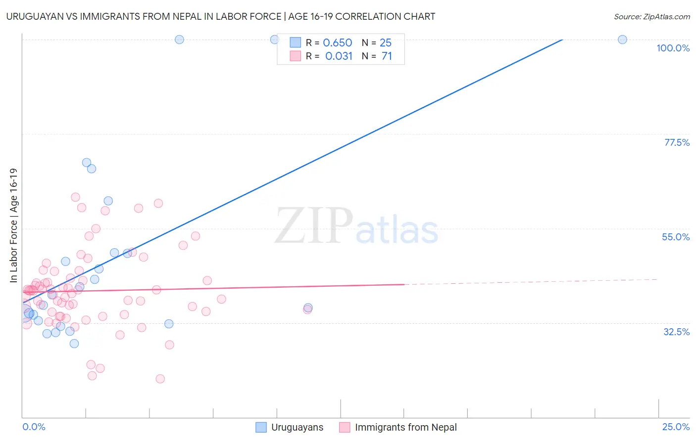 Uruguayan vs Immigrants from Nepal In Labor Force | Age 16-19