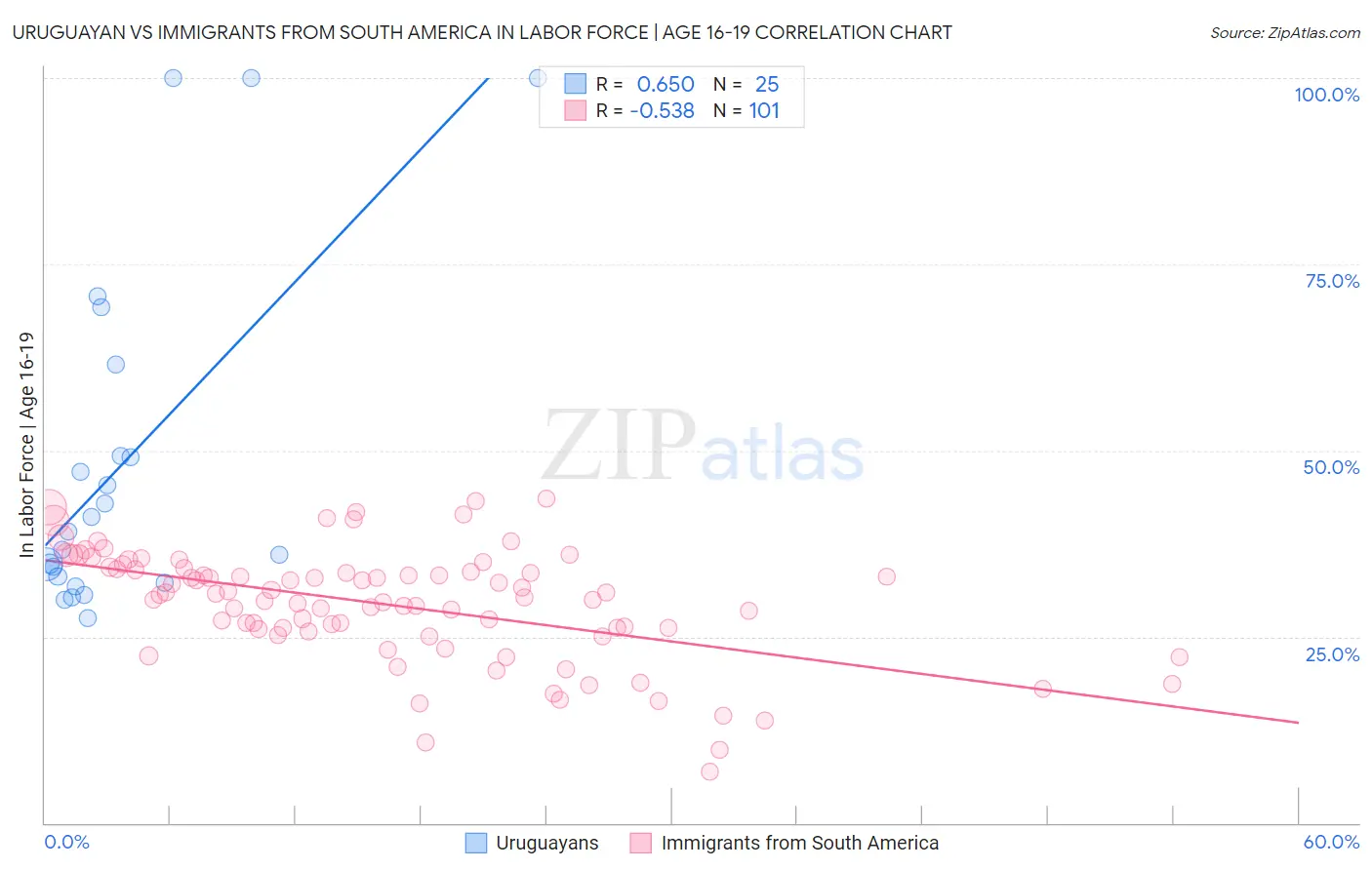 Uruguayan vs Immigrants from South America In Labor Force | Age 16-19