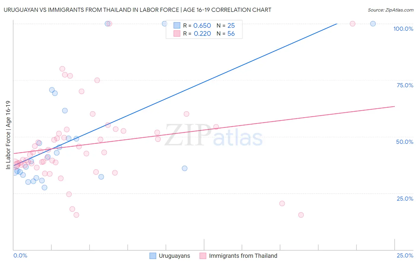 Uruguayan vs Immigrants from Thailand In Labor Force | Age 16-19
