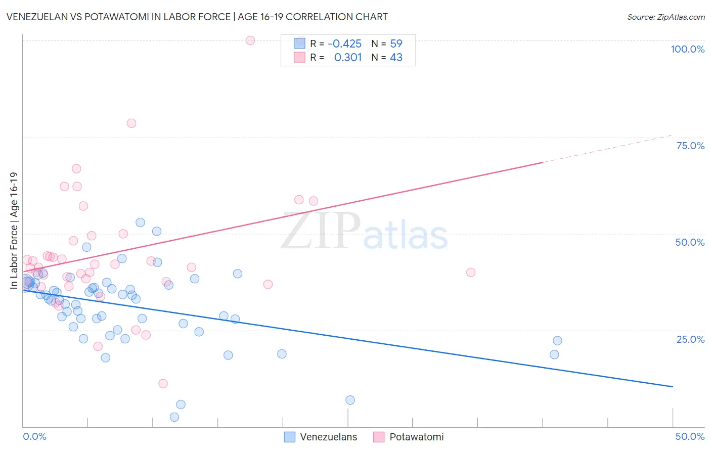 Venezuelan vs Potawatomi In Labor Force | Age 16-19