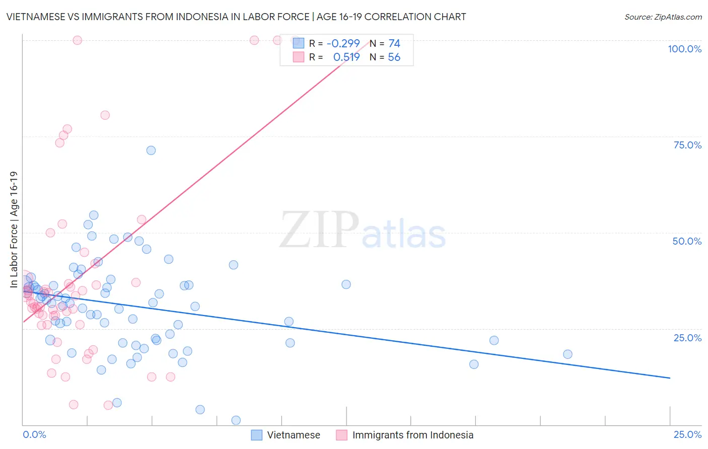 Vietnamese vs Immigrants from Indonesia In Labor Force | Age 16-19