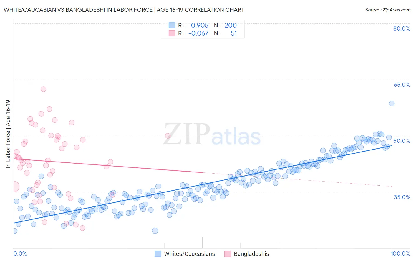 White/Caucasian vs Bangladeshi In Labor Force | Age 16-19