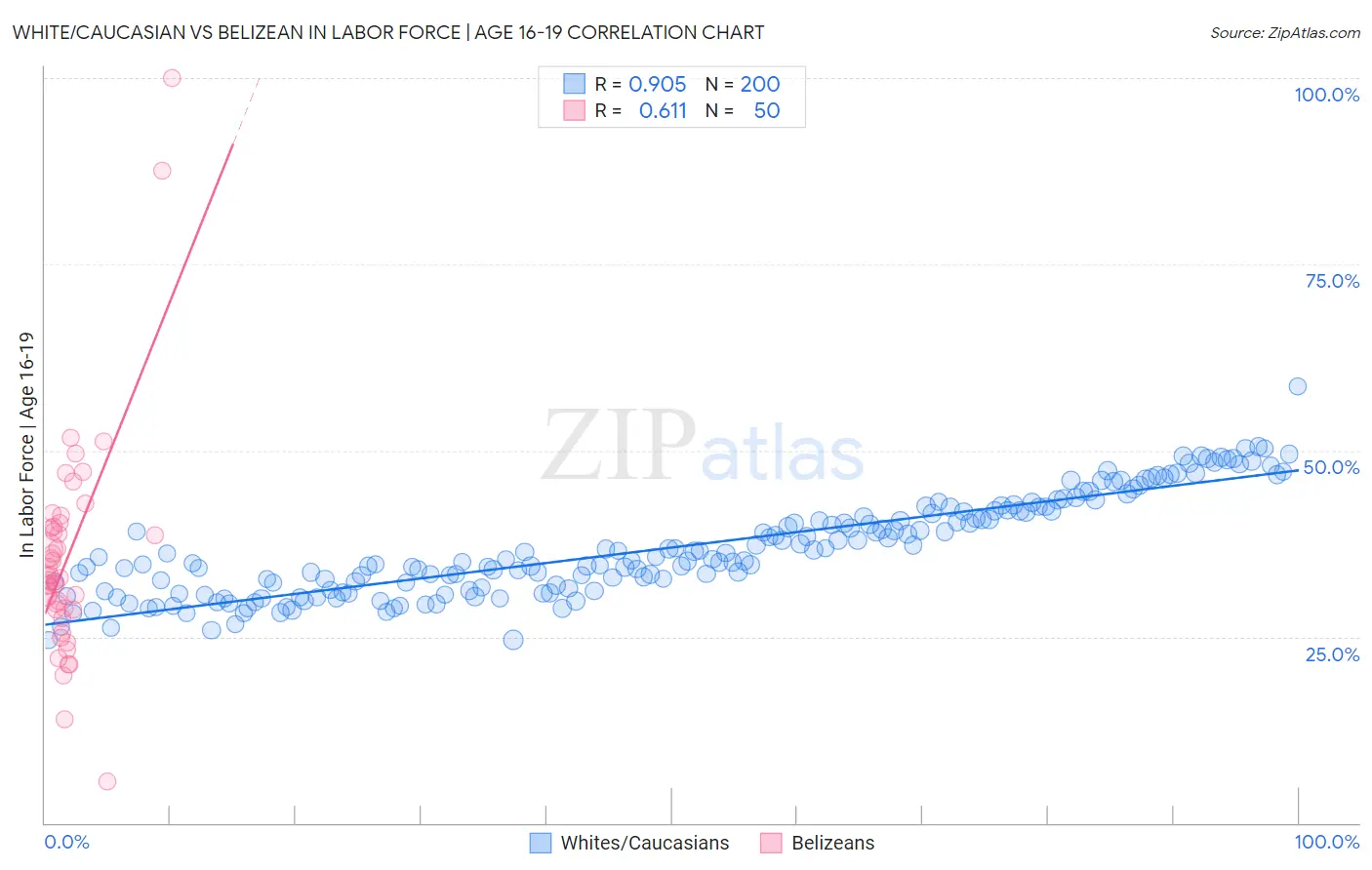 White/Caucasian vs Belizean In Labor Force | Age 16-19
