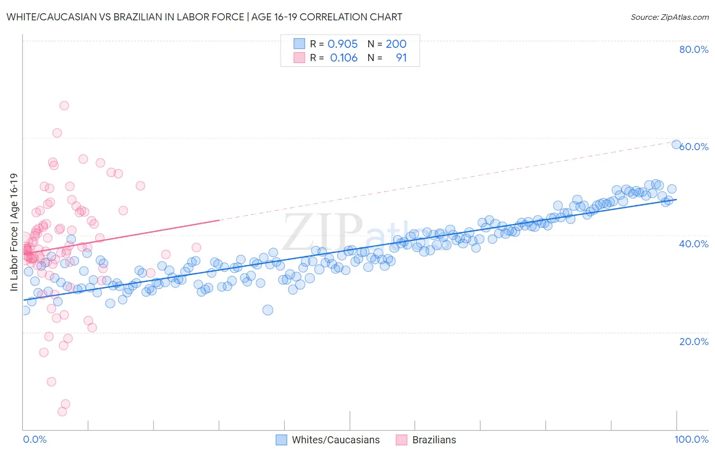 White/Caucasian vs Brazilian In Labor Force | Age 16-19