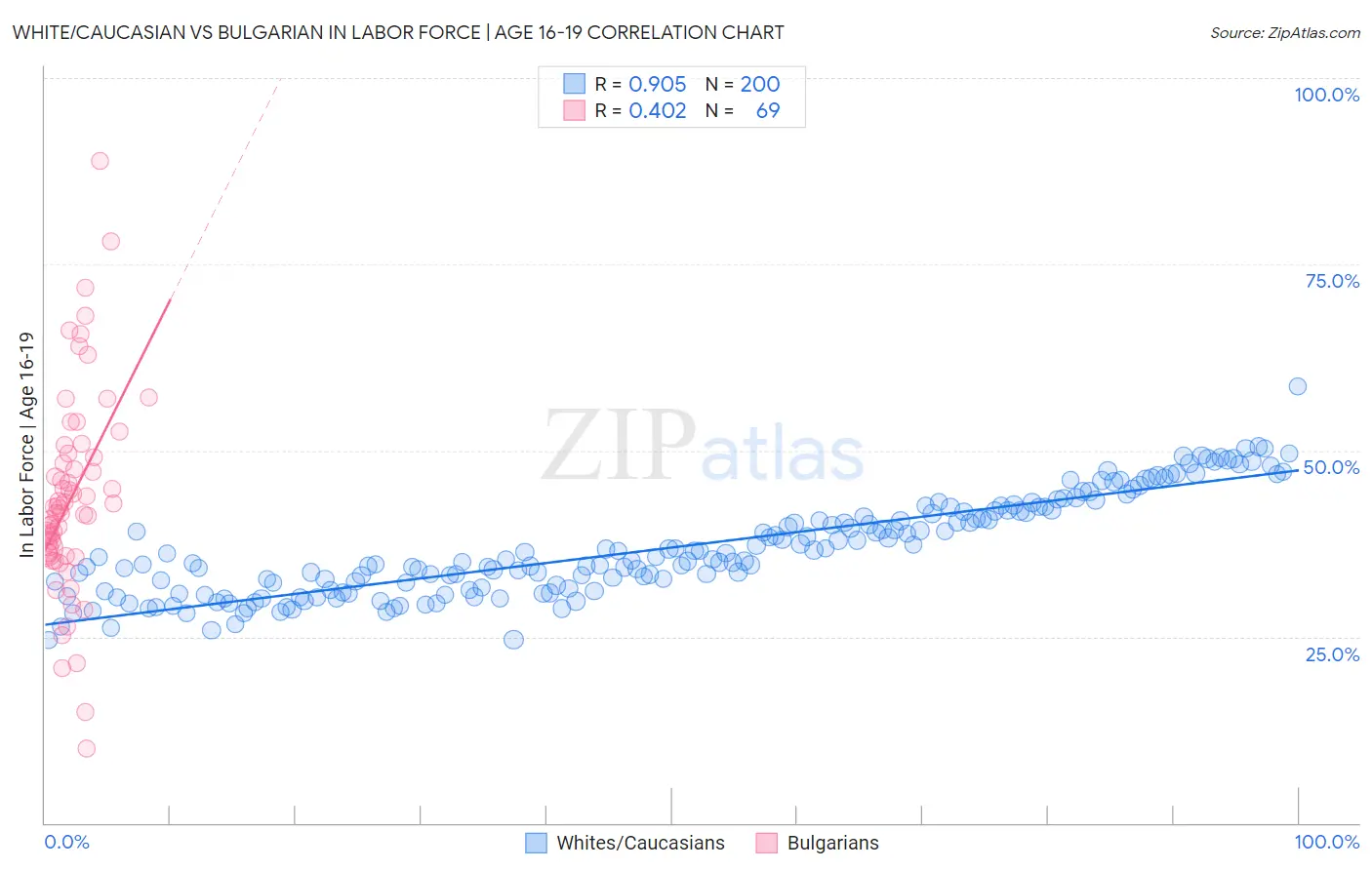 White/Caucasian vs Bulgarian In Labor Force | Age 16-19