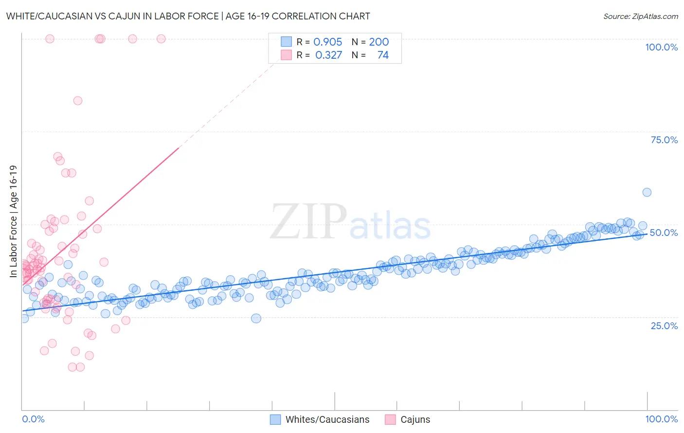 White/Caucasian vs Cajun In Labor Force | Age 16-19