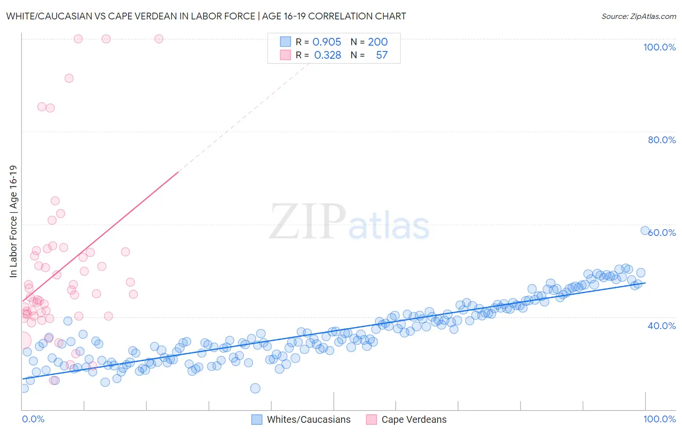 White/Caucasian vs Cape Verdean In Labor Force | Age 16-19