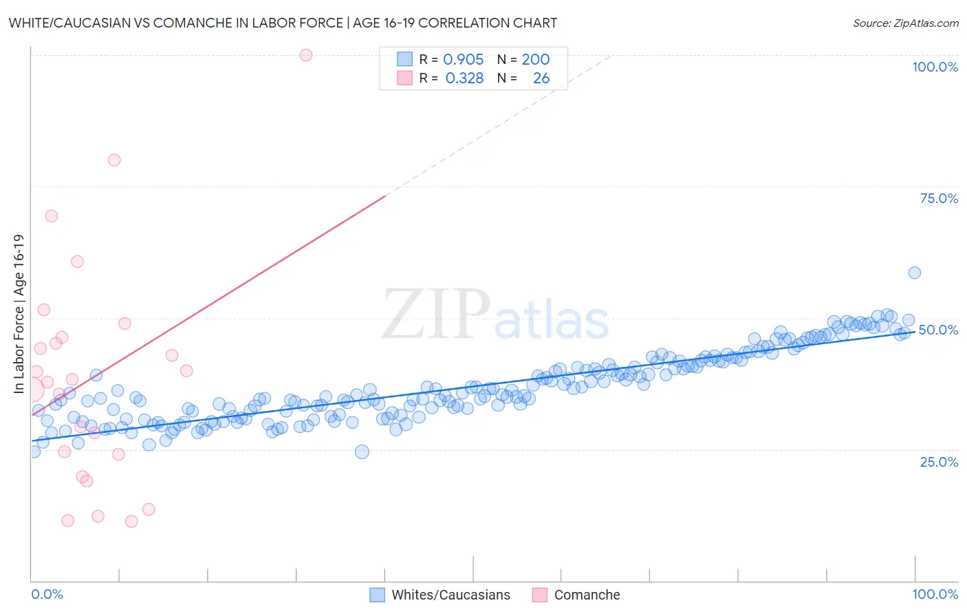 White/Caucasian vs Comanche In Labor Force | Age 16-19