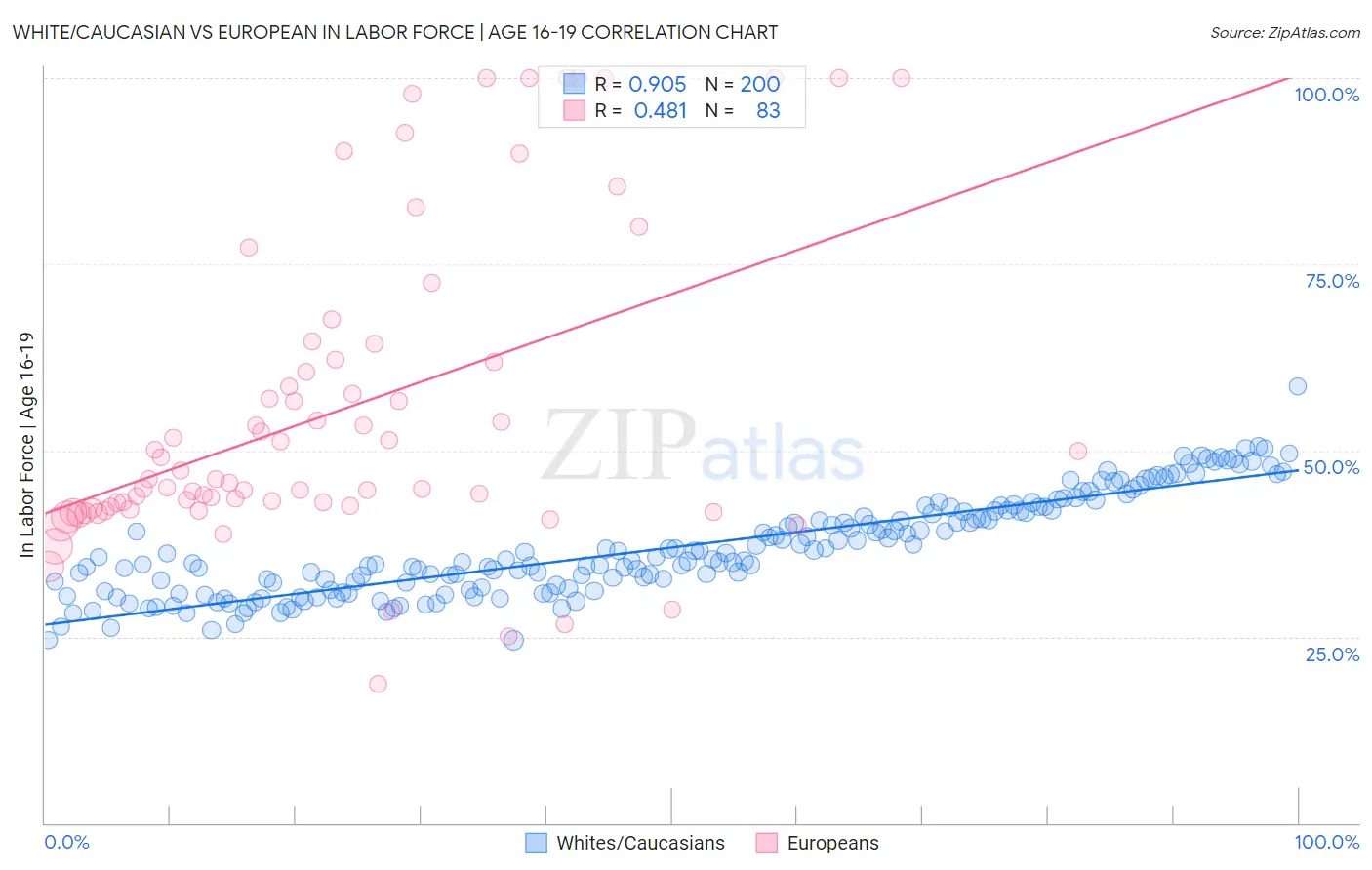 White/Caucasian vs European In Labor Force | Age 16-19