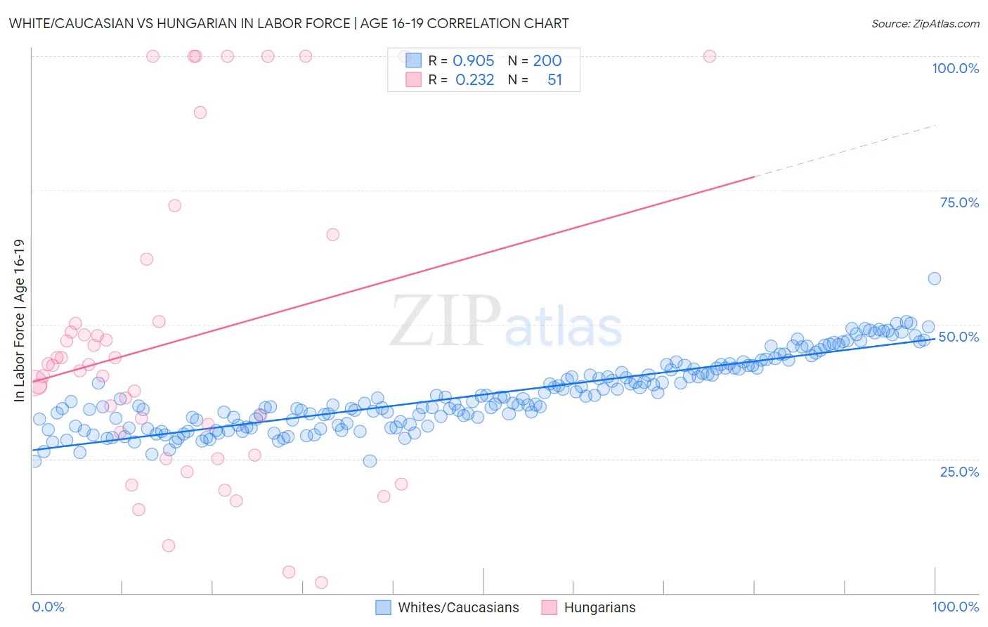 White/Caucasian vs Hungarian In Labor Force | Age 16-19