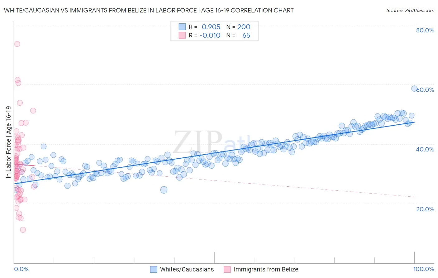 White/Caucasian vs Immigrants from Belize In Labor Force | Age 16-19
