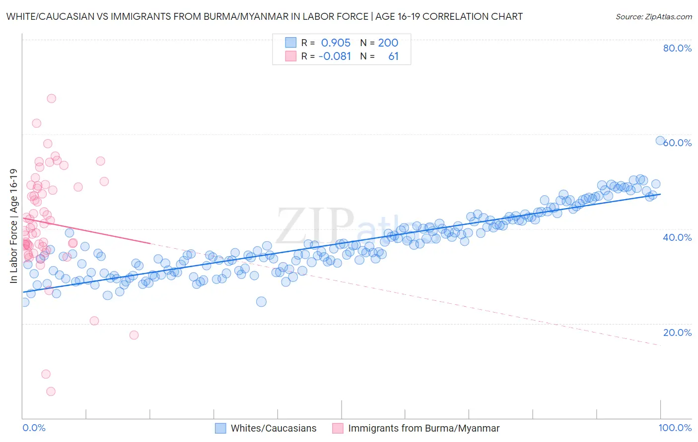 White/Caucasian vs Immigrants from Burma/Myanmar In Labor Force | Age 16-19