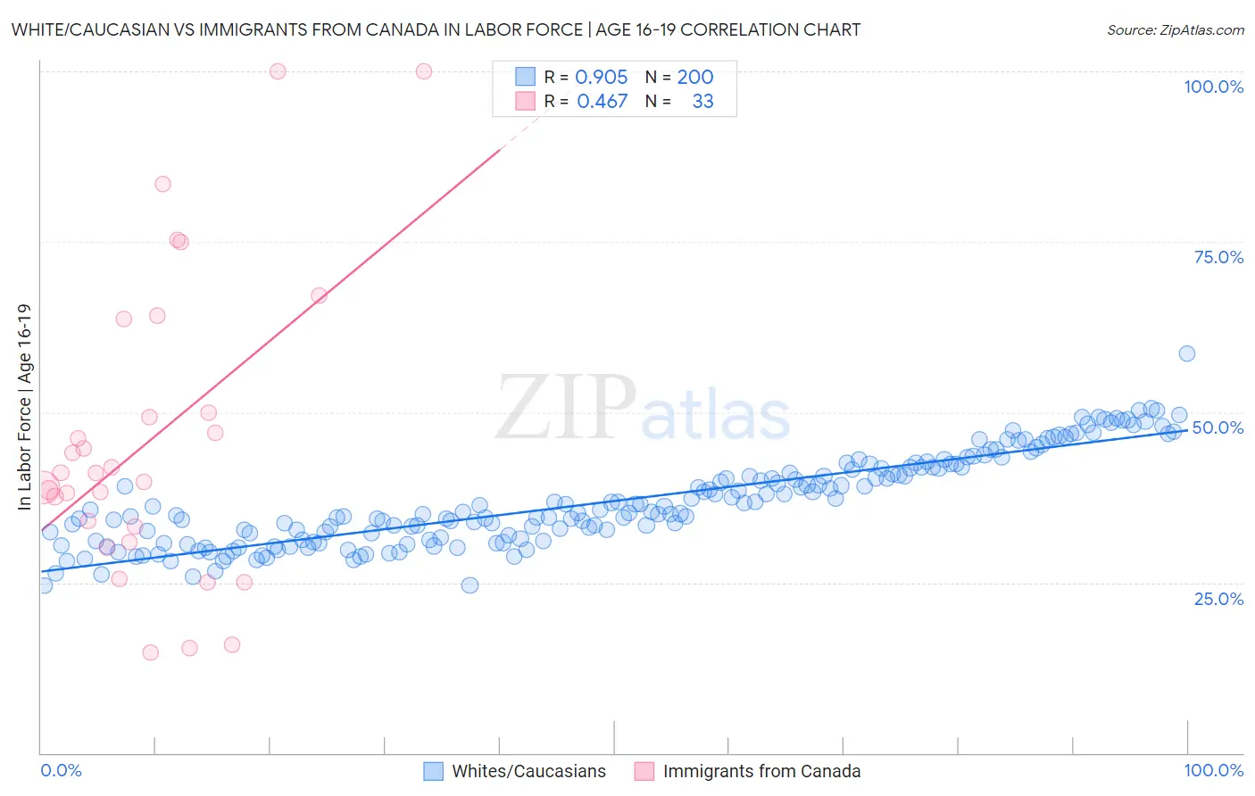 White/Caucasian vs Immigrants from Canada In Labor Force | Age 16-19