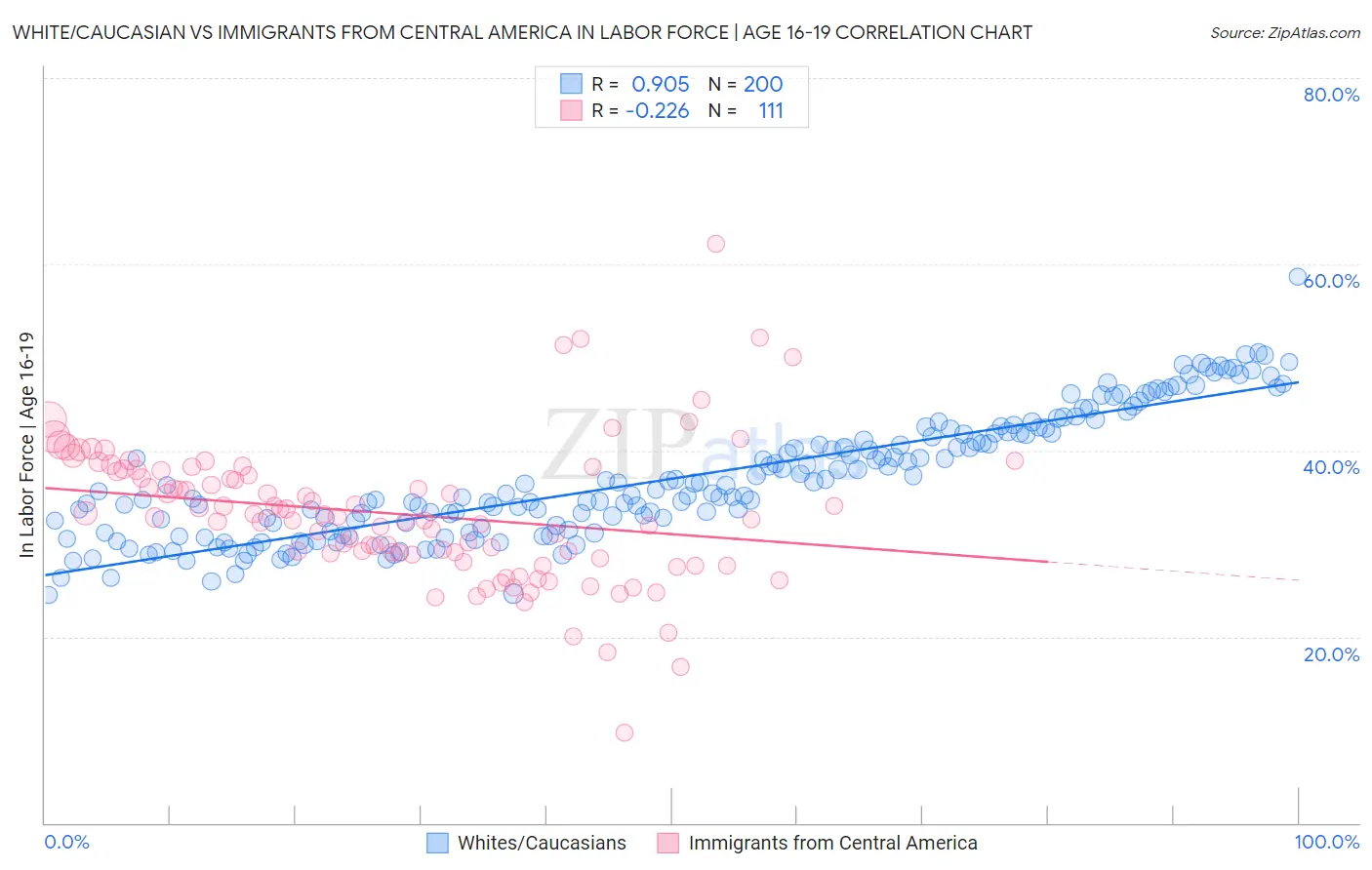 White/Caucasian vs Immigrants from Central America In Labor Force | Age 16-19