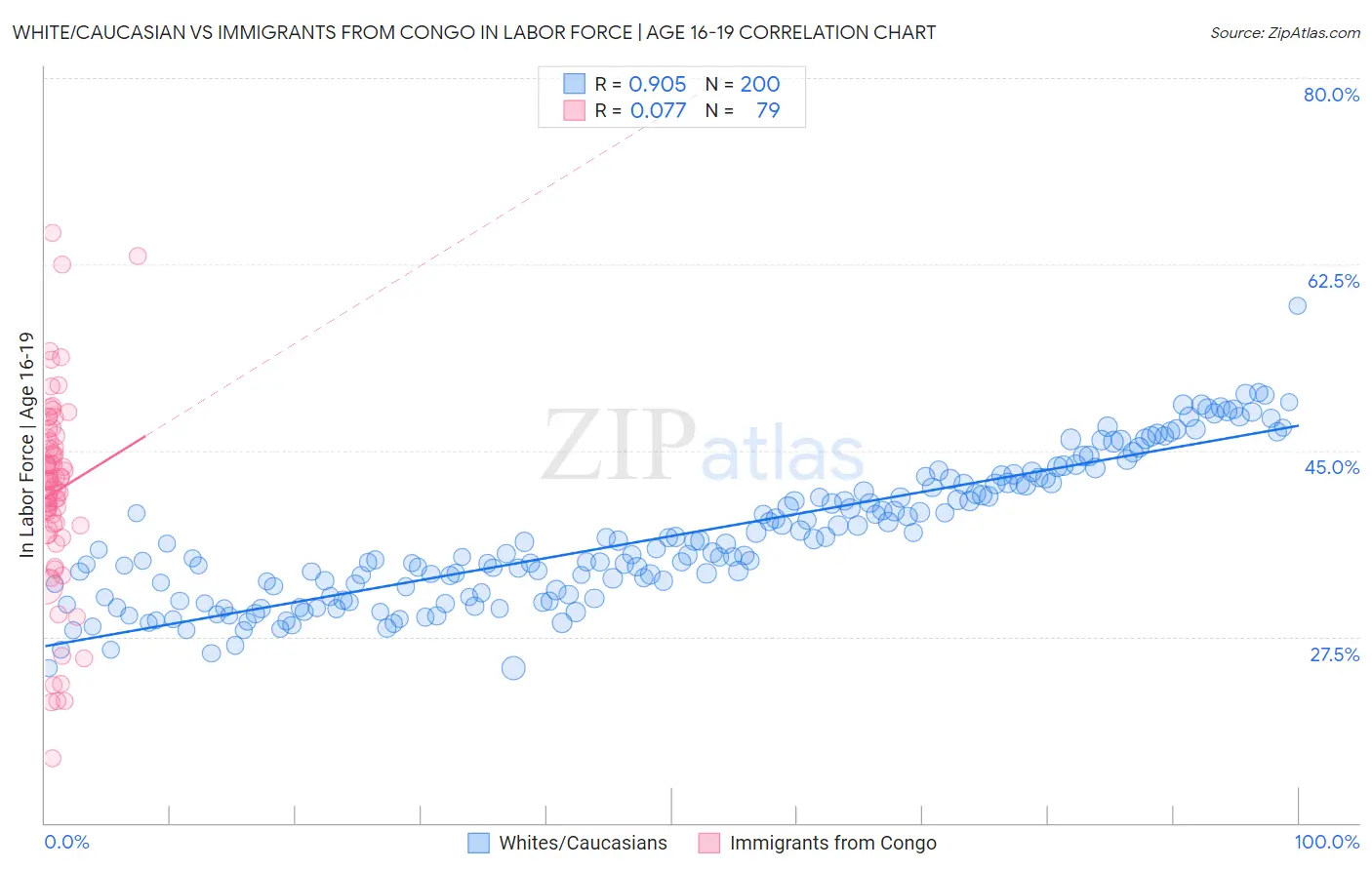 White/Caucasian vs Immigrants from Congo In Labor Force | Age 16-19