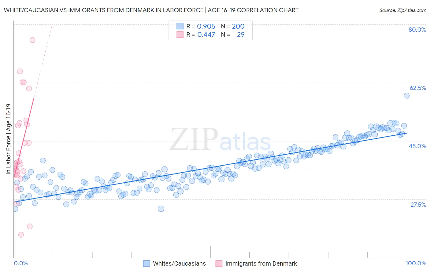 White/Caucasian vs Immigrants from Denmark In Labor Force | Age 16-19