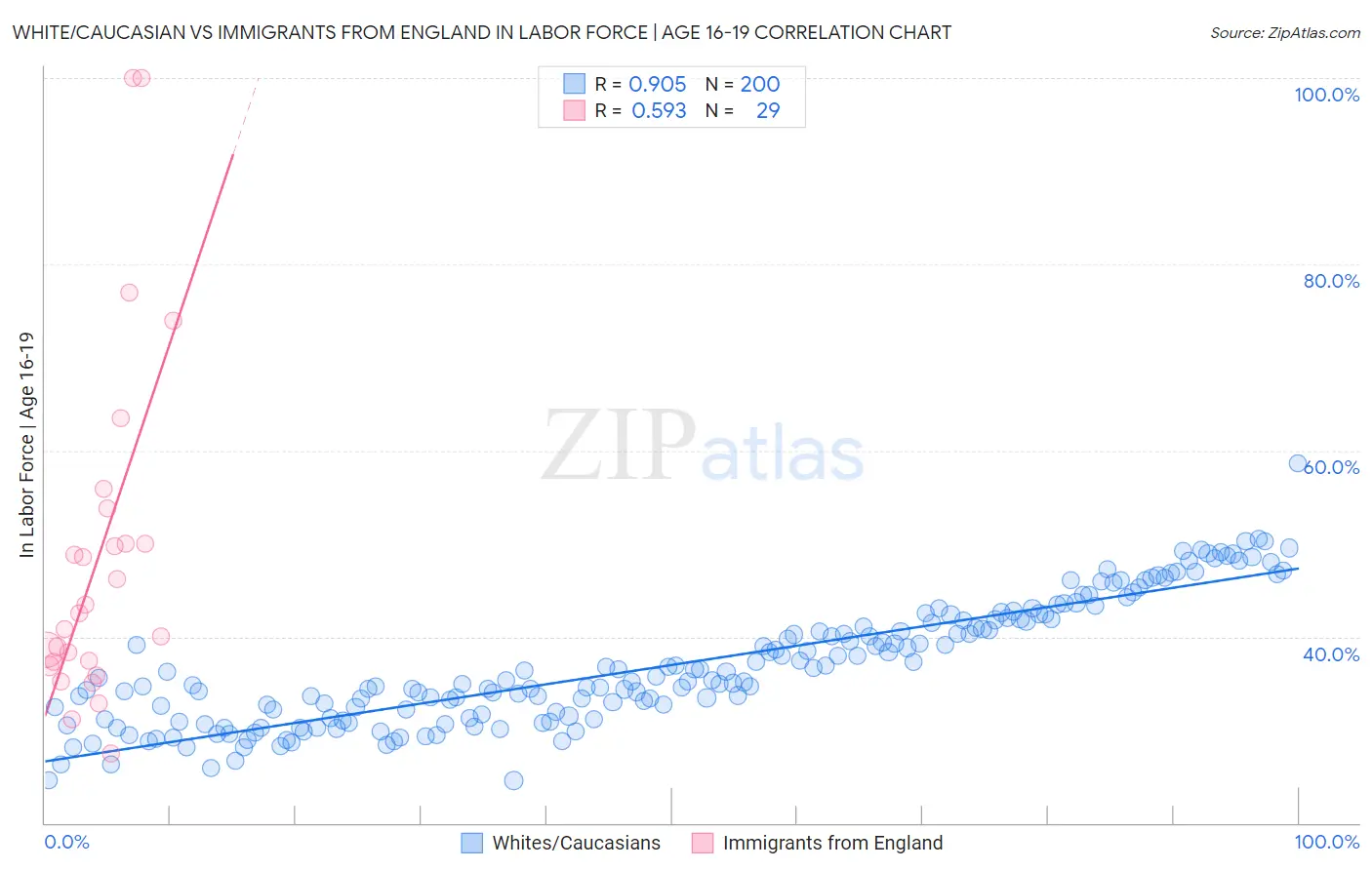 White/Caucasian vs Immigrants from England In Labor Force | Age 16-19