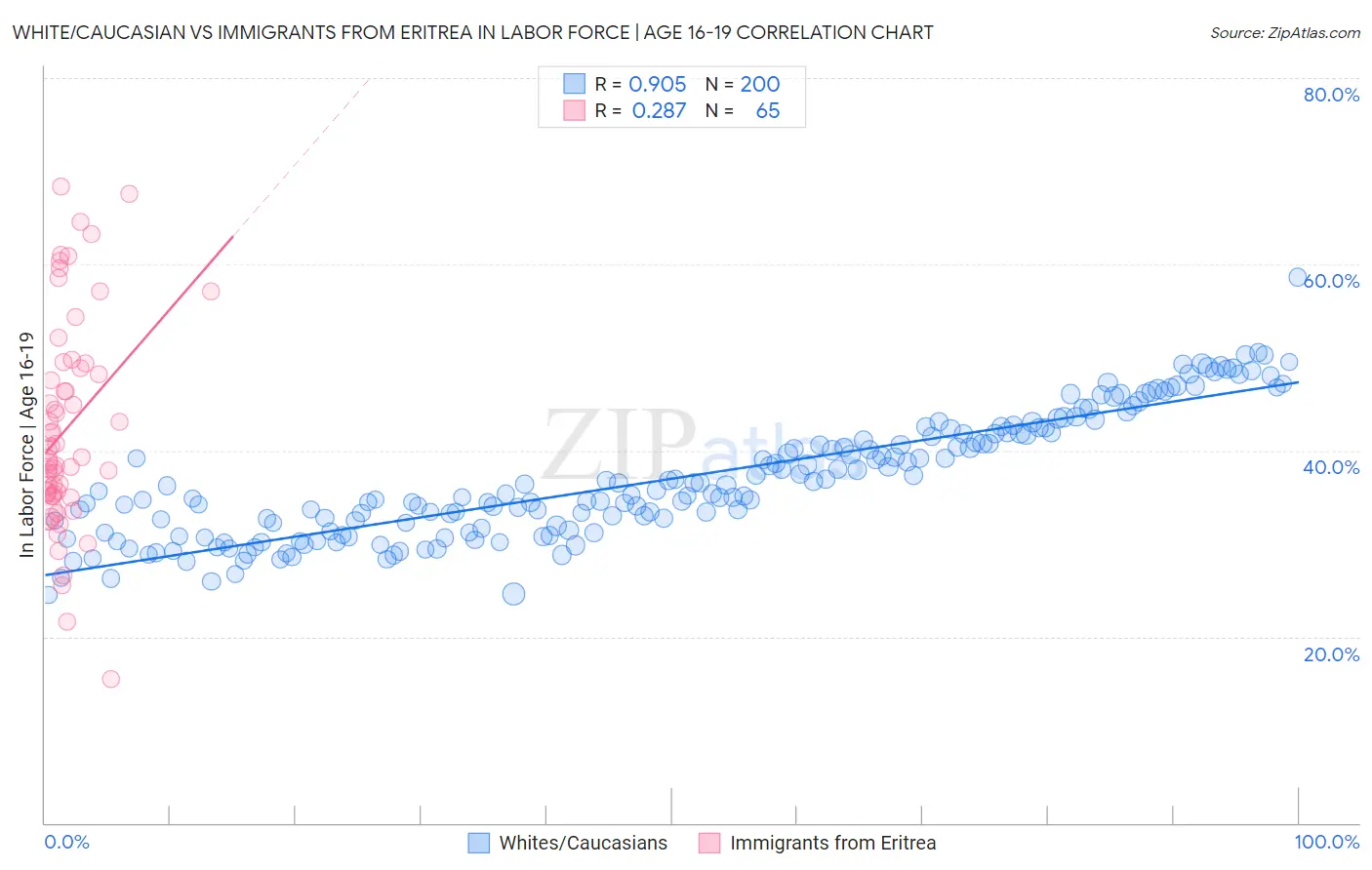 White/Caucasian vs Immigrants from Eritrea In Labor Force | Age 16-19