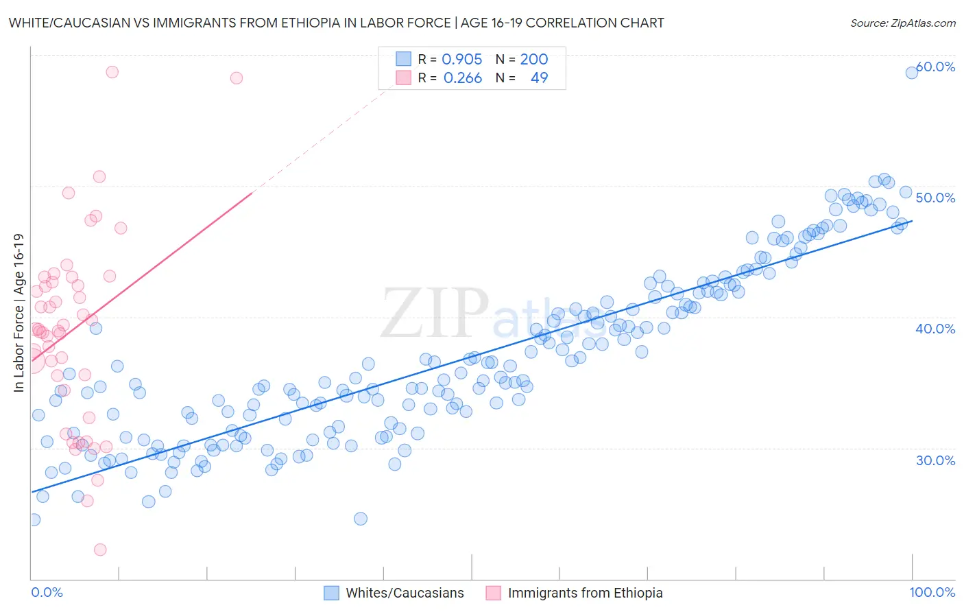 White/Caucasian vs Immigrants from Ethiopia In Labor Force | Age 16-19